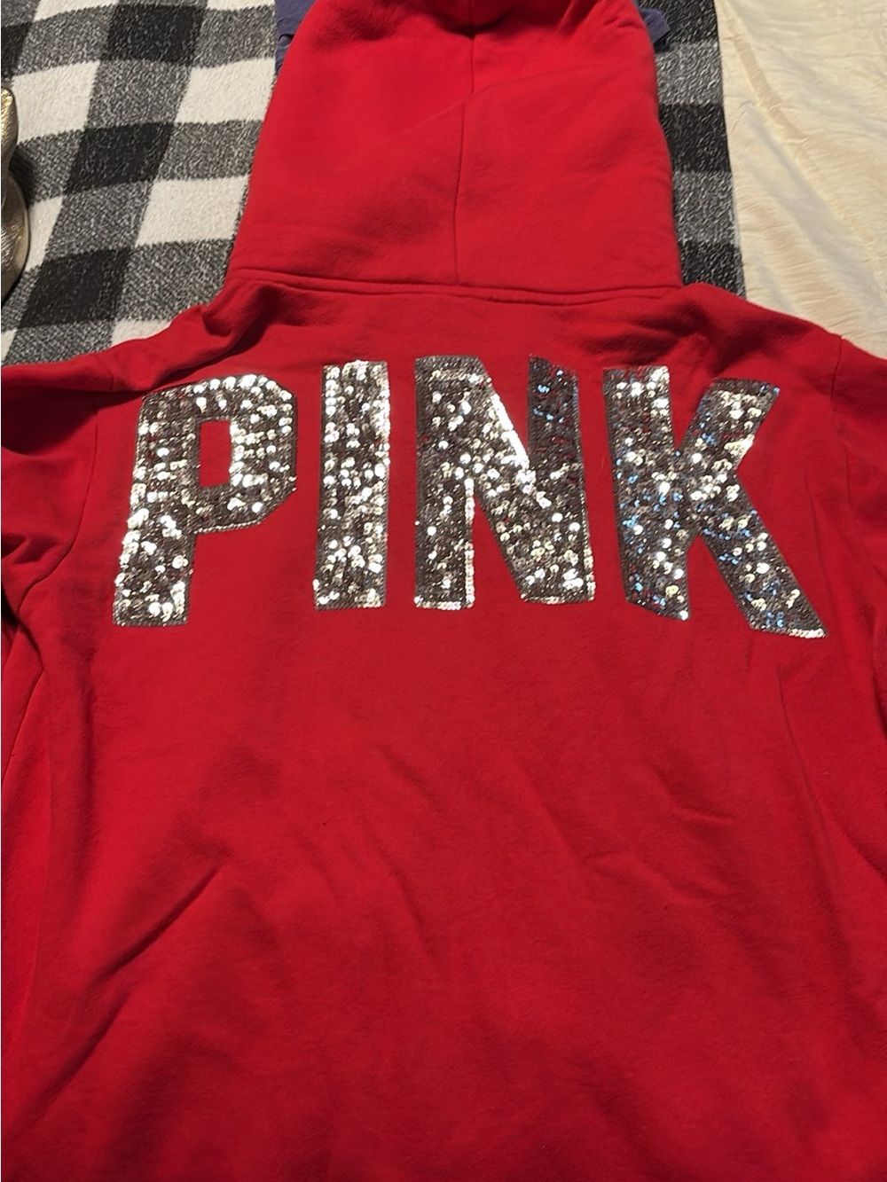 PINK Victoria's Secret Red Hooded Sweatshirt with Black Sherpa Lining - Picture 3 of 3